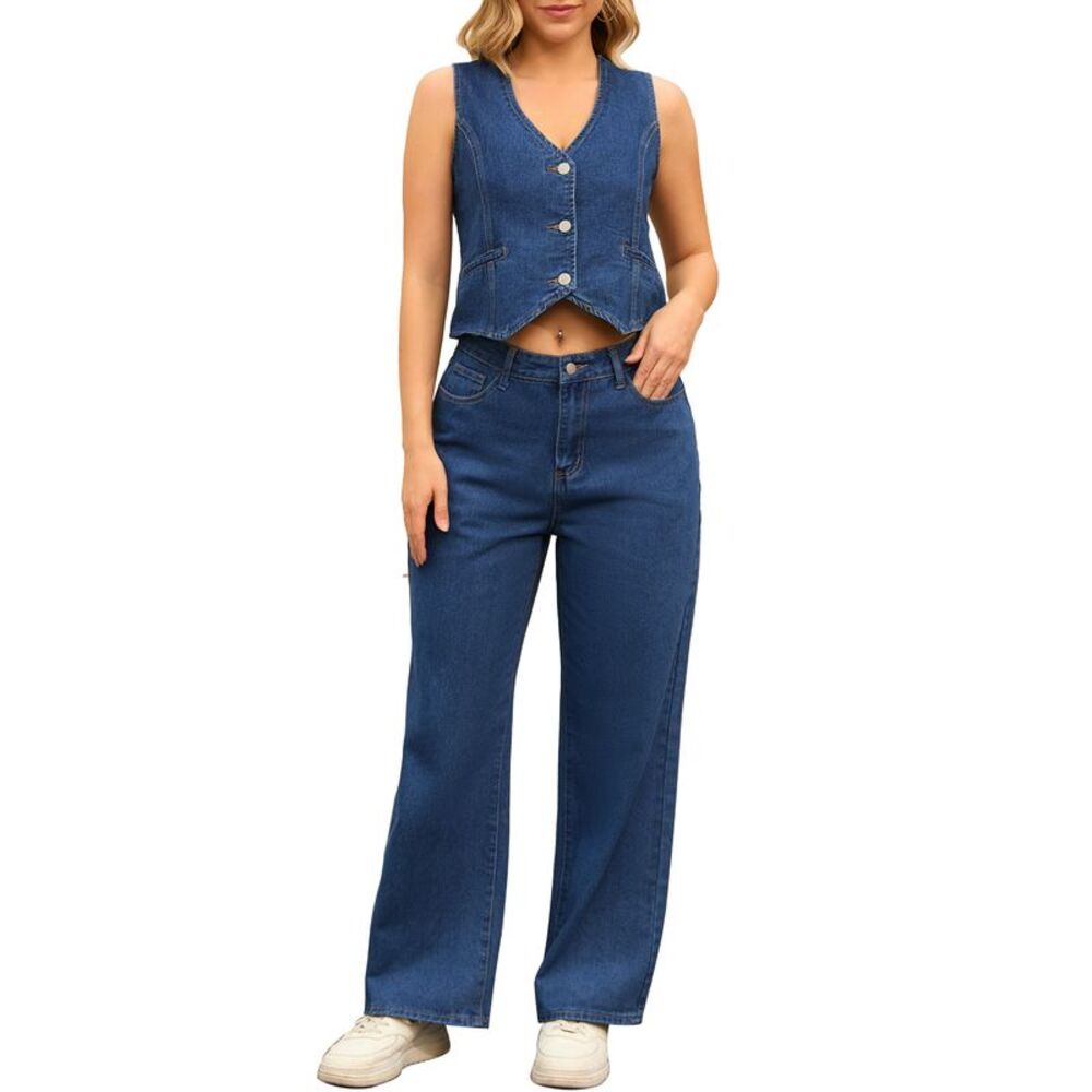 2 Piece Outfits V Neck Matching Sets Wide Leg Waistcoat Jean Vest Dark Blue